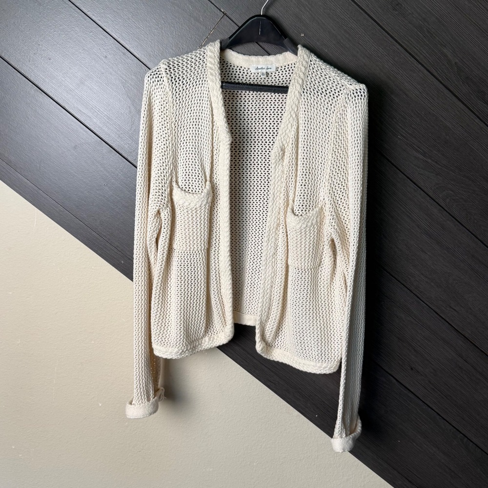 Another Love Women Open Knit Cardigan XL Cream 100% Cotton Pockets Cottagecore